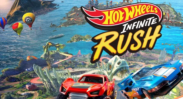 Two Hot Wheels cars race on a vibrant orange track over a tropical island landscape with hot air balloons and ocean views.