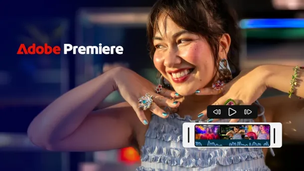 A smiling woman frames her face with her hands, overlaid with a mobile video editing interface and the Adobe Premiere logo.