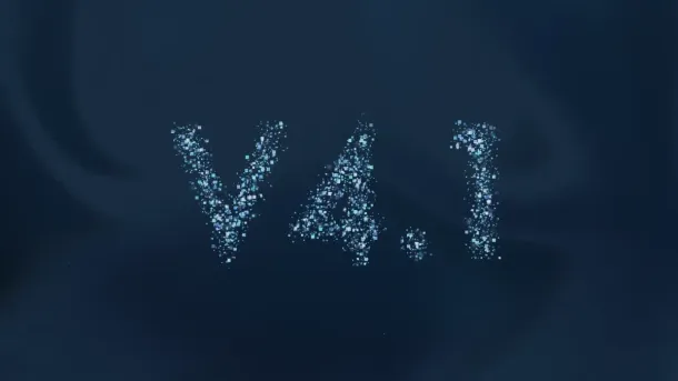 Sparkling blue particles form the text "V4.1" against a dark, smoky background.